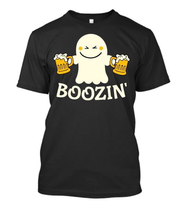 Boozin Ghost With Beer Mugs Halloween Fun T-Shirt
