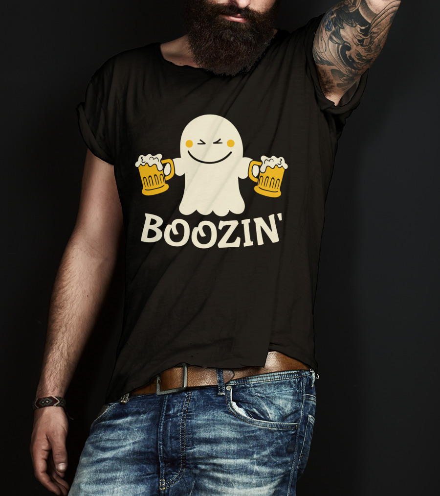 Boozin Ghost With Beer Mugs Halloween Fun T-Shirt