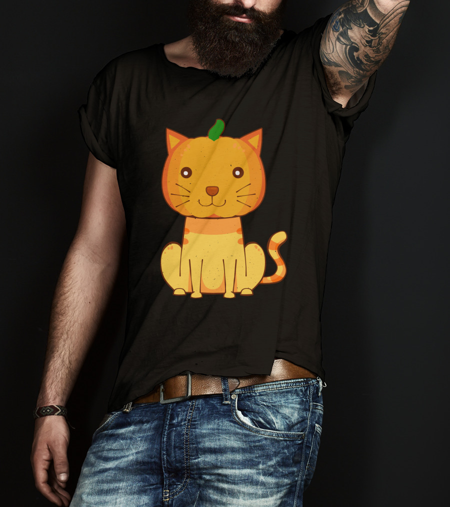 Halloween Pumpkin Cat Face And Striped Tail Whiskers T-Shirt