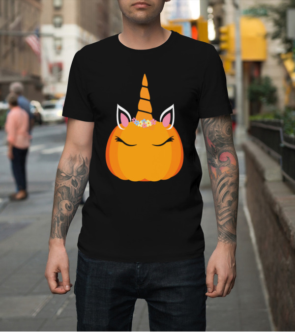 Shirt: Unicorn Pumpkin with Floral Crown and Sleepy Eyes T-Shirt Unicorn Pumpkin with Floral Crown and Sleepy Eyes T-Shirt