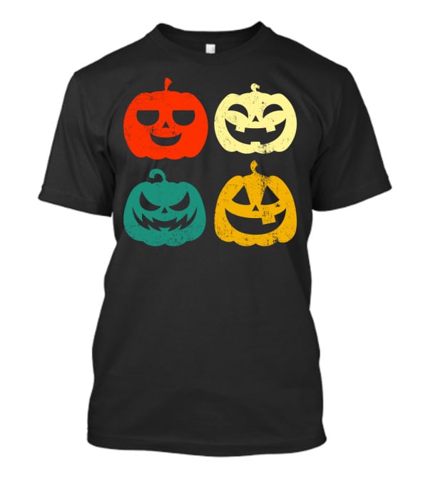 Retro Vintage Pumpkin Halloween Faces Quad Color Grid T-Shirt