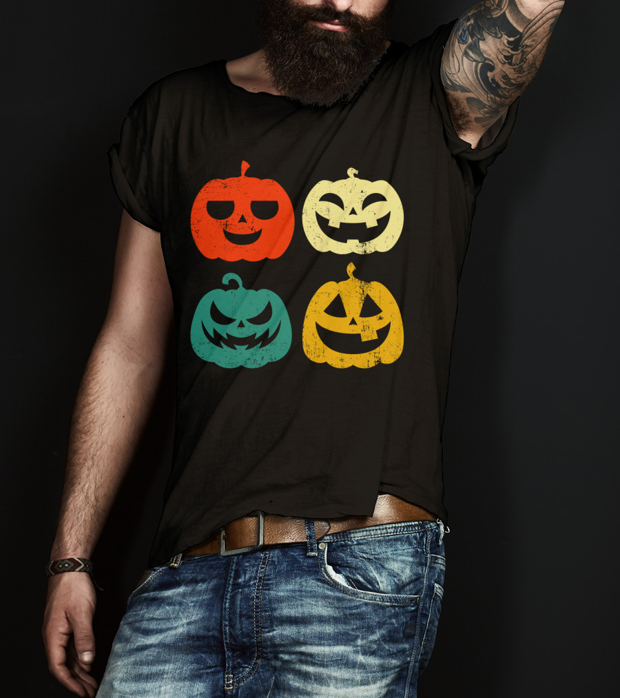 Retro Vintage Pumpkin Halloween Faces Quad Color Grid T-Shirt
