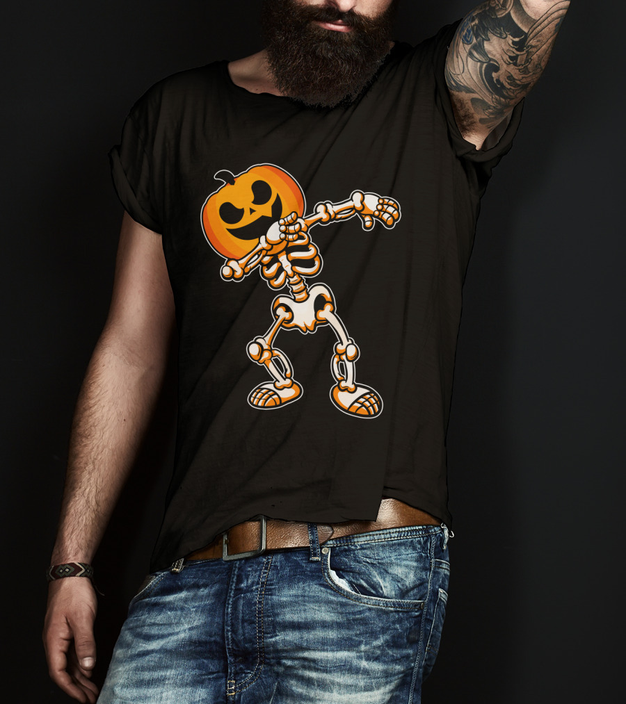 Dabbing Skeleton With Pumpkin Head Halloween Humor T-Shirt