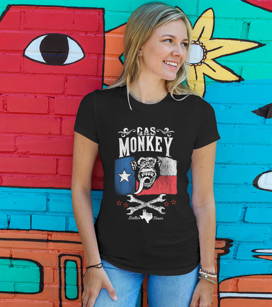 Gas Monkey Garage Dallas Texas Lone Star Flag Monkey Logo Wrenches Stars T-Shirt