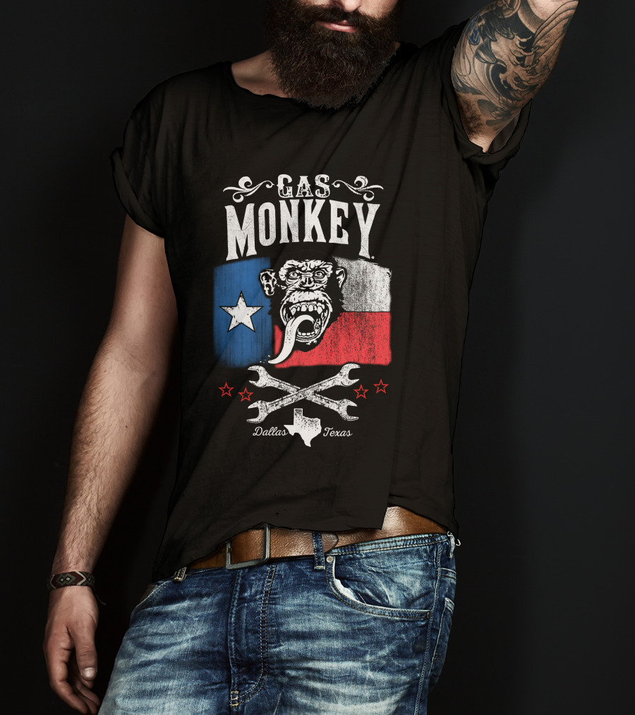 Gas Monkey Garage Dallas Texas Lone Star Flag Monkey Logo Wrenches Stars T-Shirt