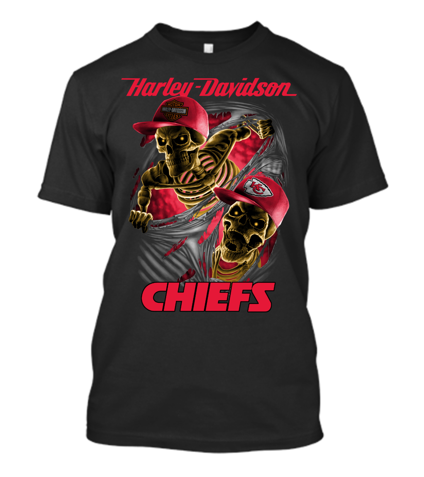 Harley Davidson Chiefs Skeletons In Kansas City Chiefs Hats T-Shirt