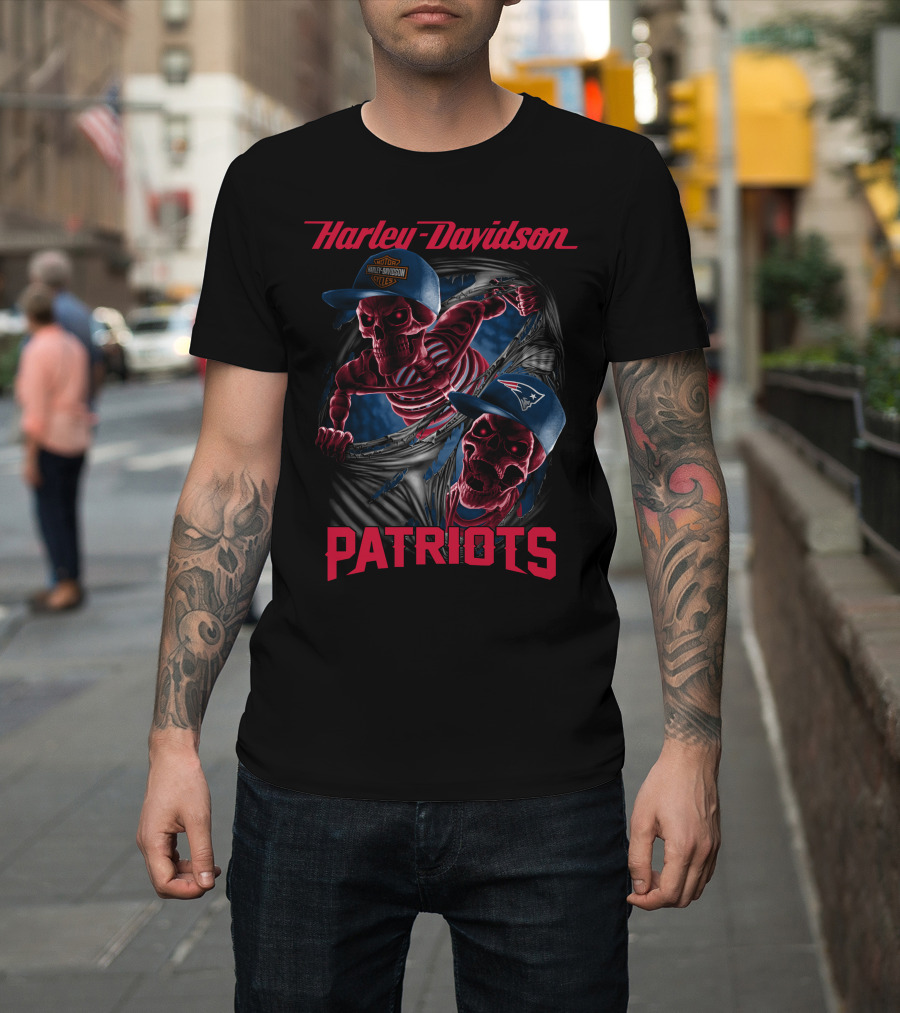 Harley Davidson Patriots Skeletons Breaking Through New England Caps T-Shirt