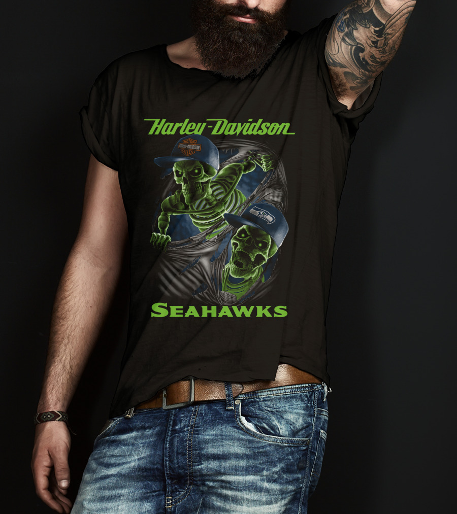 Harley Davidson Seattle Seahawks Skeletons T-Shirt