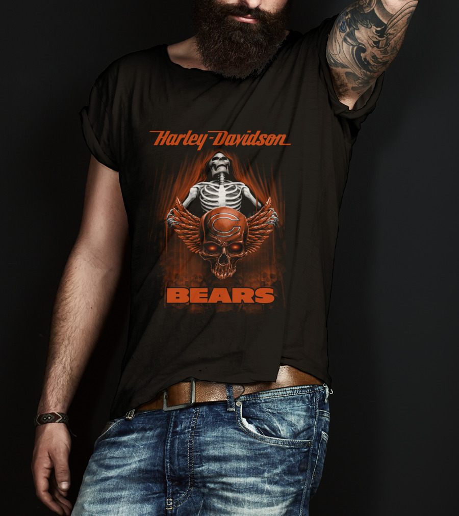 Harley Davidson Bears Nfl Chicago 0610 Skeleton Skull T-Shirt