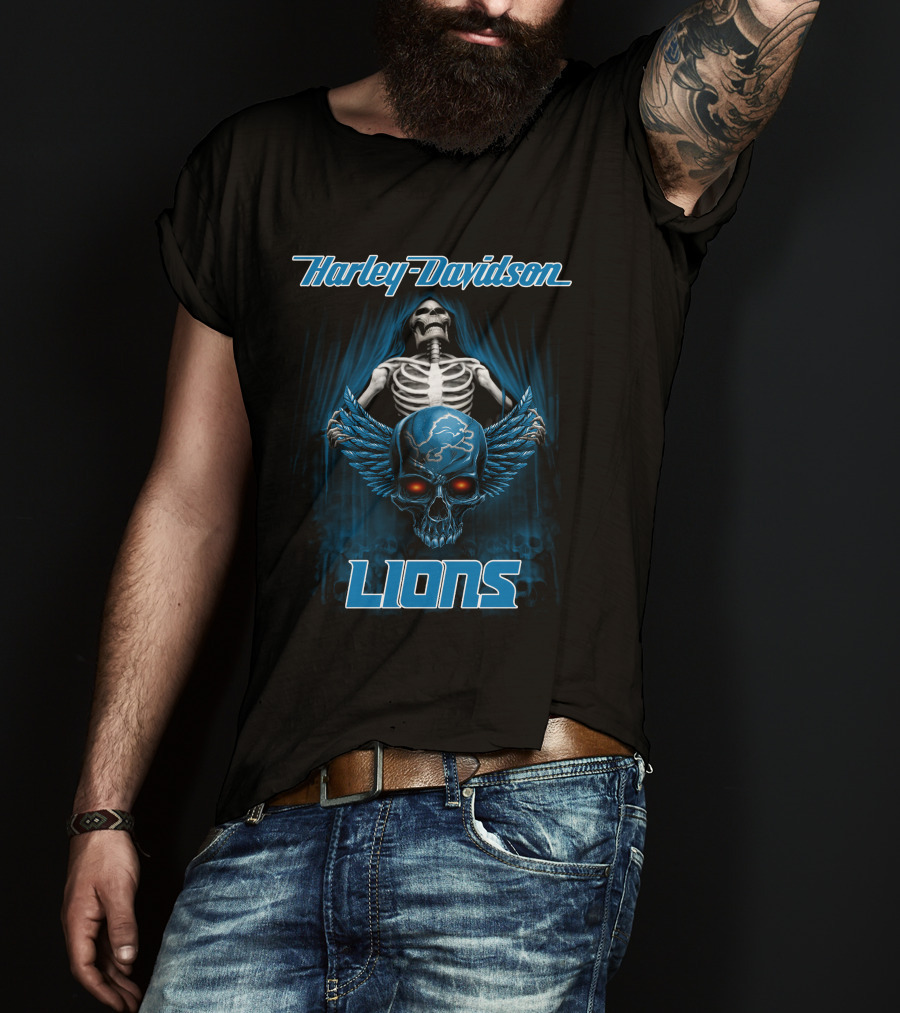 Harley Davidson Lions Skeleton And Winged Skull Detroit T-Shirt