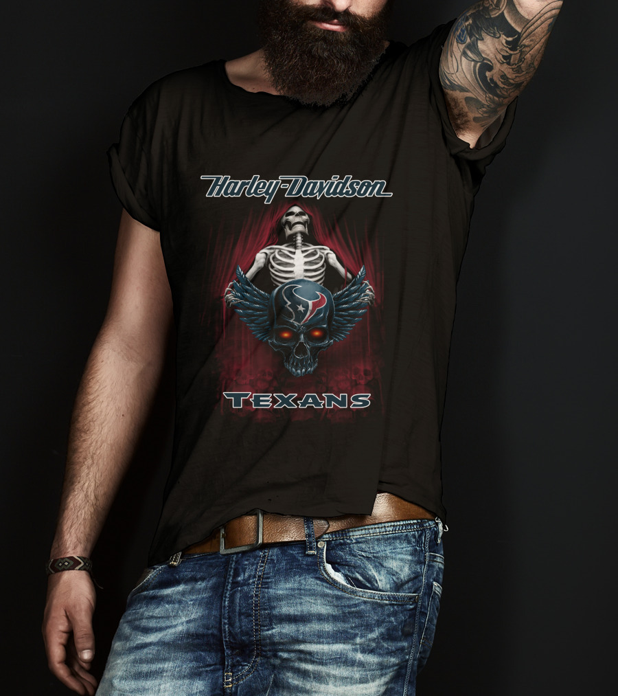 Harley Davidson Houston Texans Skeleton Skull Wings T-Shirt