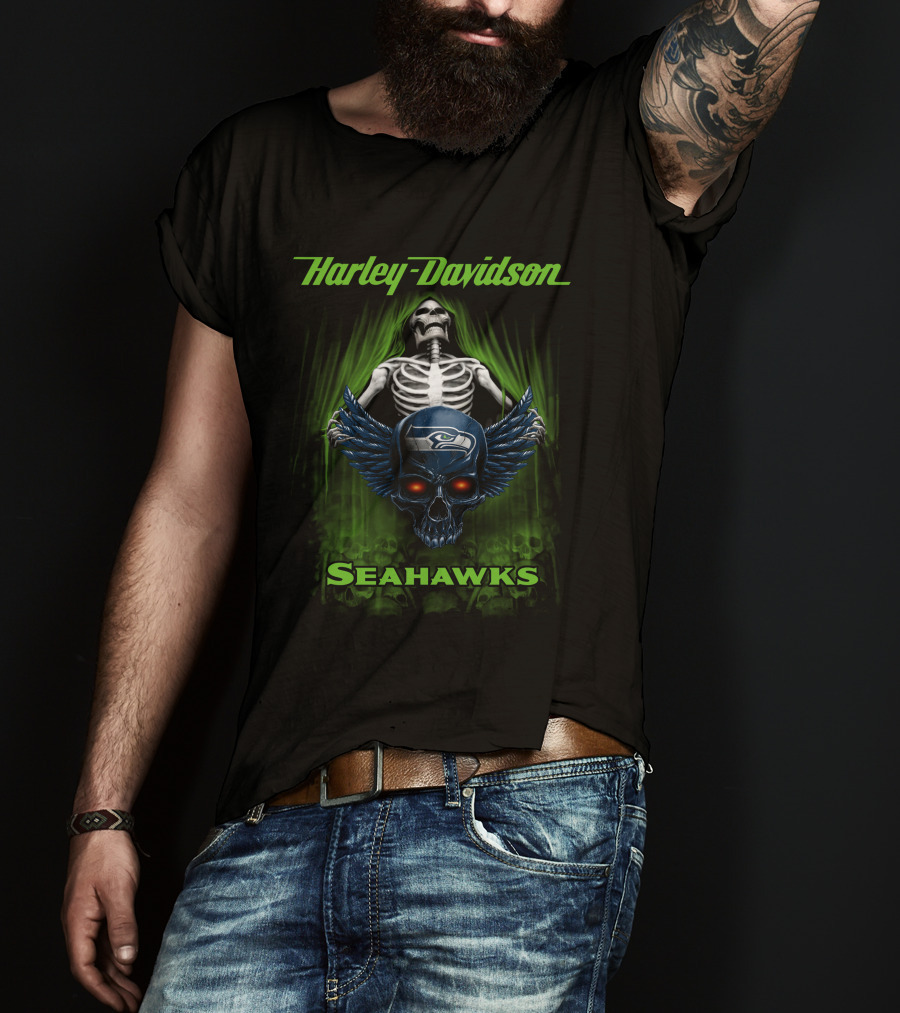 Harley Davidson Seattle Seahawks Skeleton Skull T-Shirt