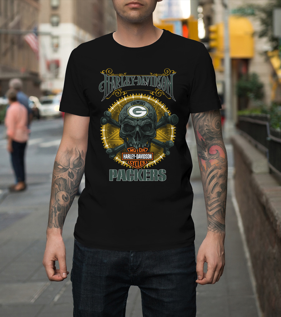 Harley Davidson Green Bay Packers Motor Cycles Skull T-Shirt