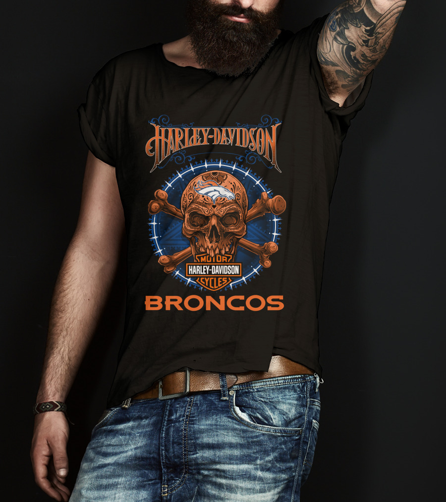 Harley Davidson Denver Broncos Motor Cycles Skull Em Up T-Shirt