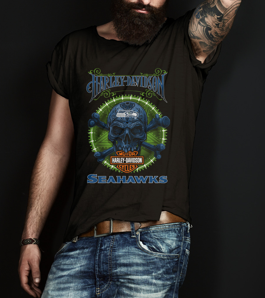 Harley Davidson Motor Cycles Seahawks Skull Hd9 Seattle T-Shirt