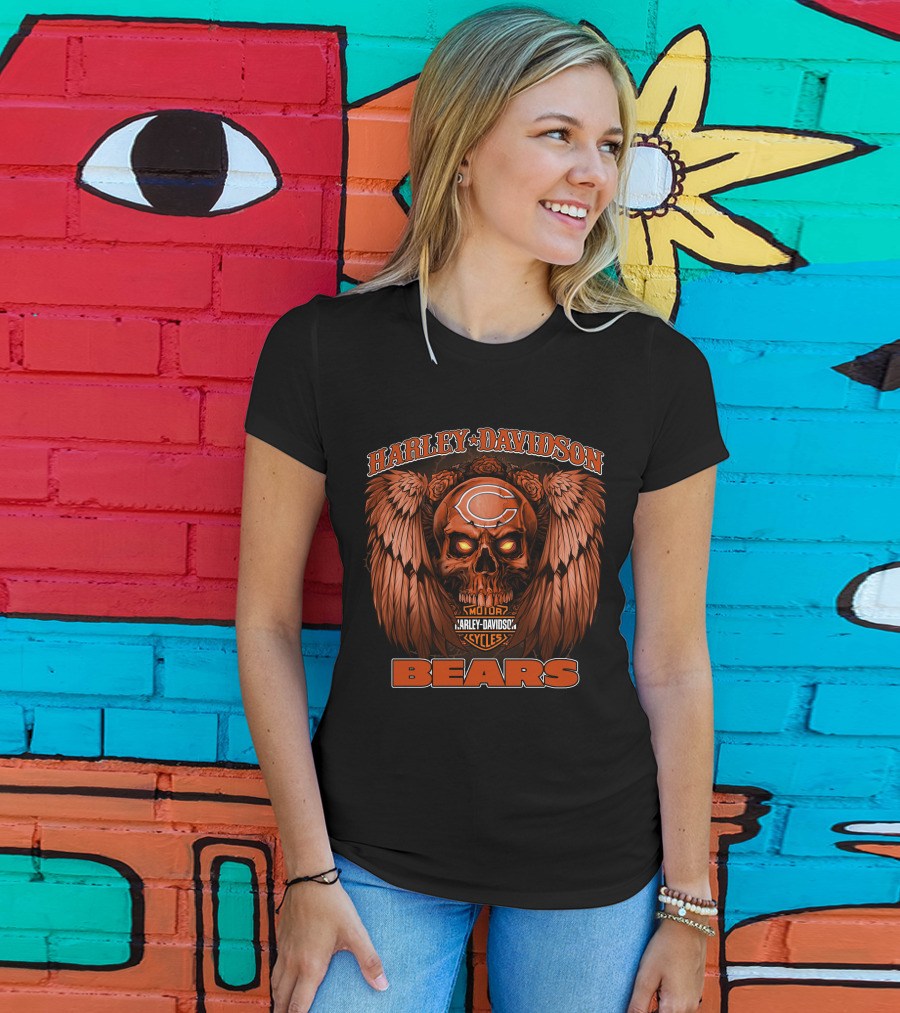 Harley Davidson Chicago Bears Motor Cycles Skull T-Shirt