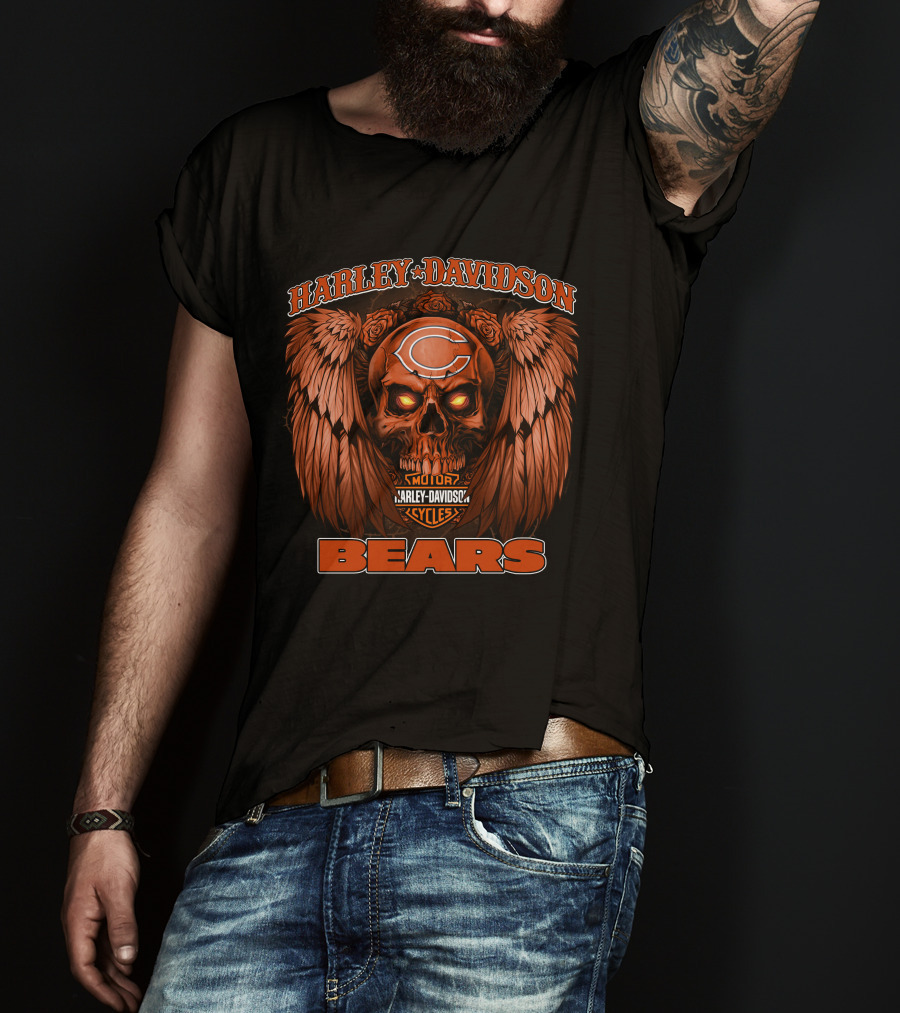 Harley Davidson Chicago Bears Motor Cycles Skull T-Shirt
