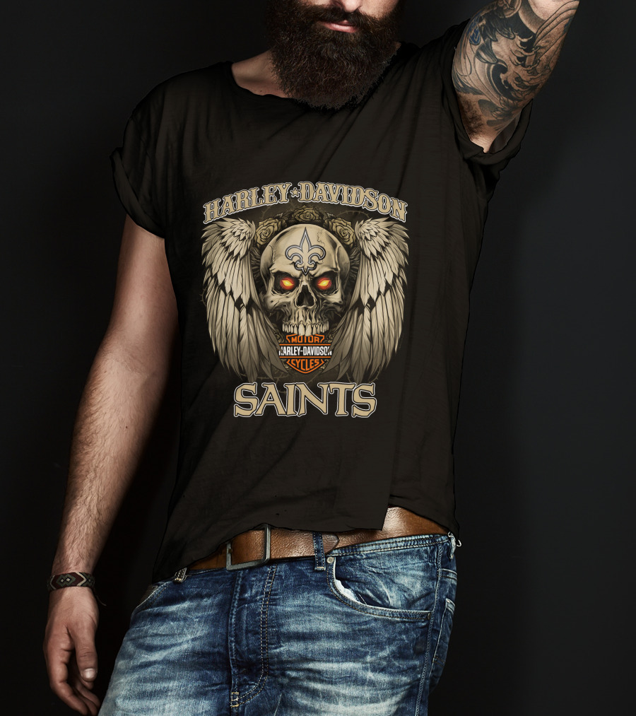 Harley Davidson Motor Cycles New Orleans Saints Skull Wings Fleur-De-Lis T-Shirt