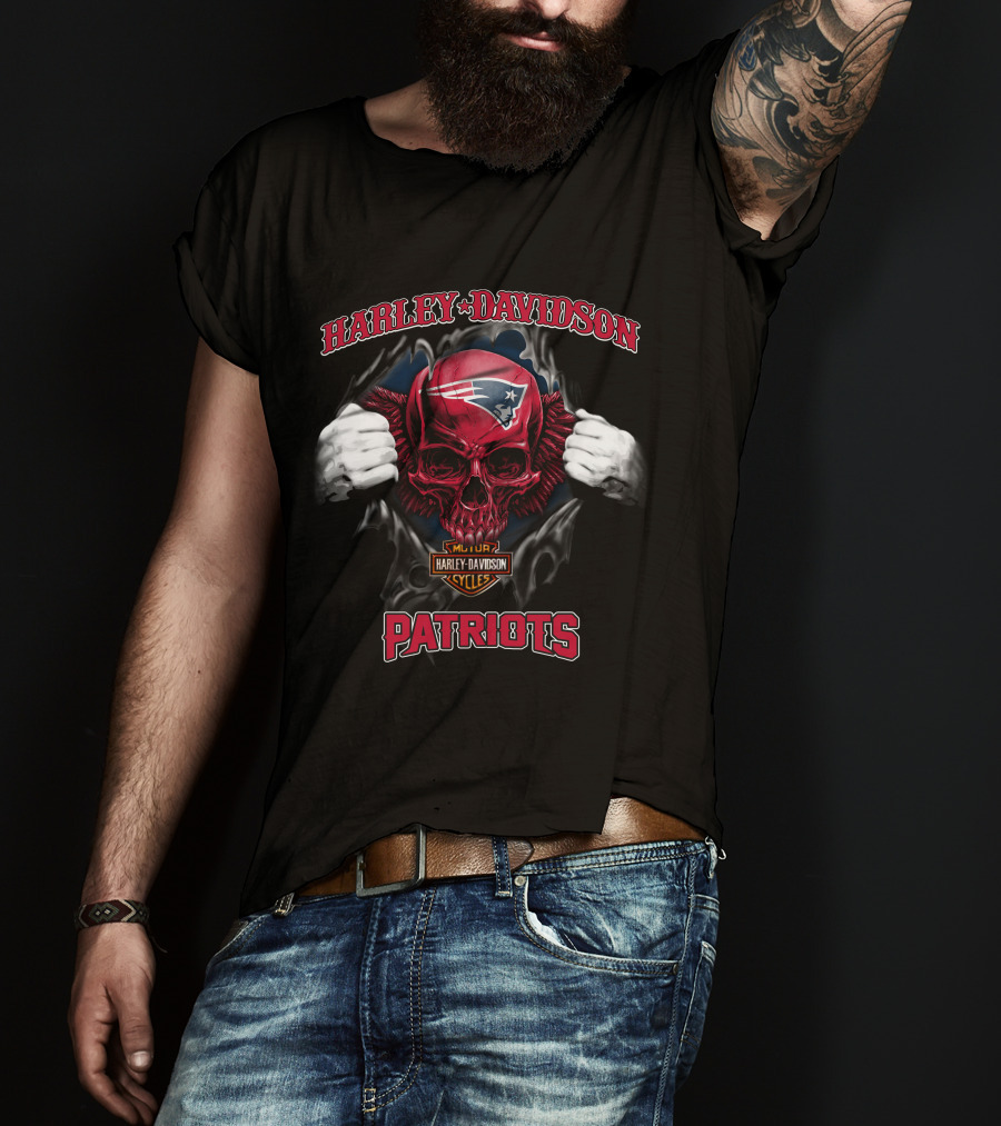 Harley Davidson Cycles Patriots Nfl Skull New England T-Shirt