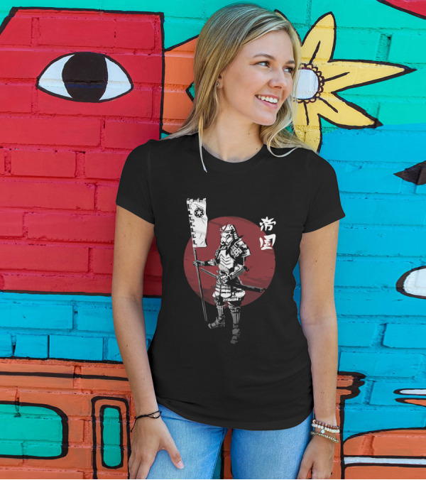 Samurai Empire Warrior With Flag And Red Circle Background T-Shirt