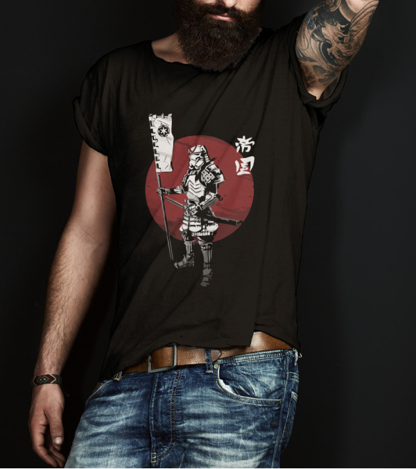 Samurai Empire Warrior With Flag And Red Circle Background T-Shirt