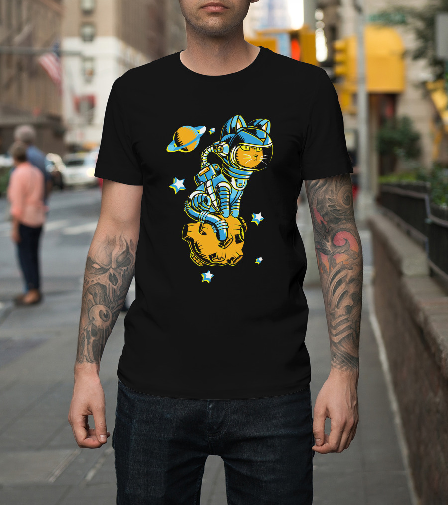 Astronaut Space Cat Riding Meteor with Saturn and Stars T-Shirt