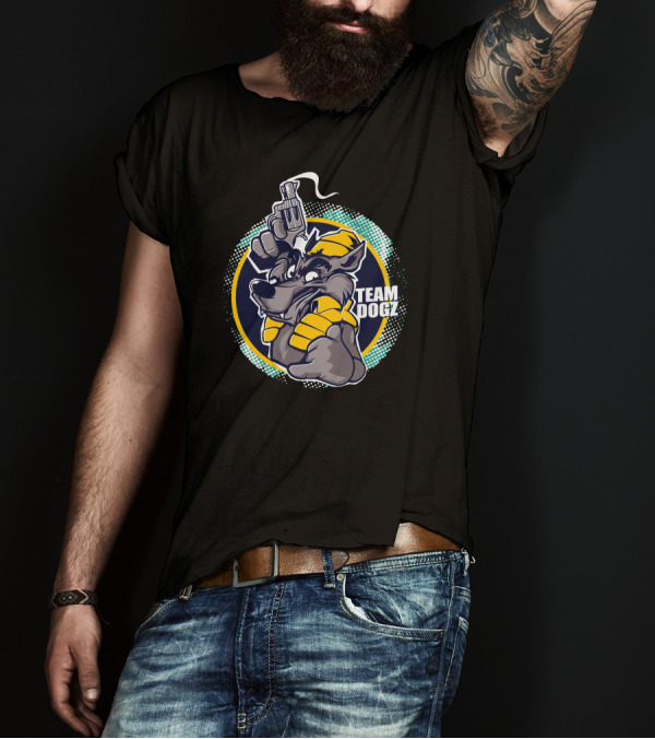 Team Dogz Wolf Character With Gun Hand Gesture T-Shirt