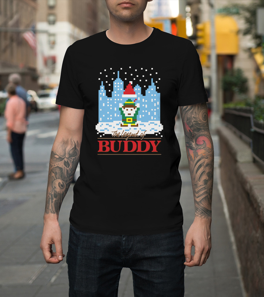 The Legend Of Buddy Pixel Elf Adventure in Snowy Cityscape T-Shirt