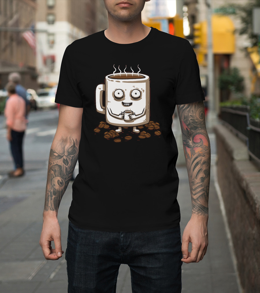 Never Tired Coffee Mug Character Surrounded by Coffee Beans T-Shirt
