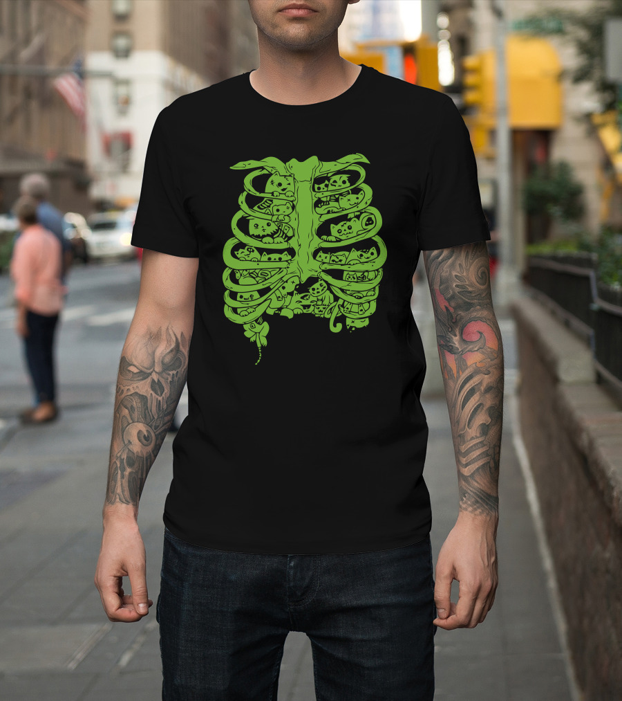 Ooozing Kittehs Skeleton Ribcage Cats Green T-Shirt