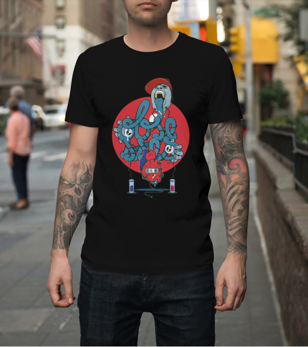 Shirt: Obsessed Red Capsule Medicine Heart Timer Dripping Abstract Character T-Shirt Obsessed Red Capsule Medicine Heart Timer Dripping Abstract Character T-Shirt