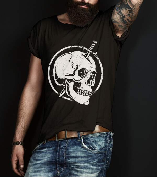 Skull With Sword Through Head Iconic Emblem T-Shirt
