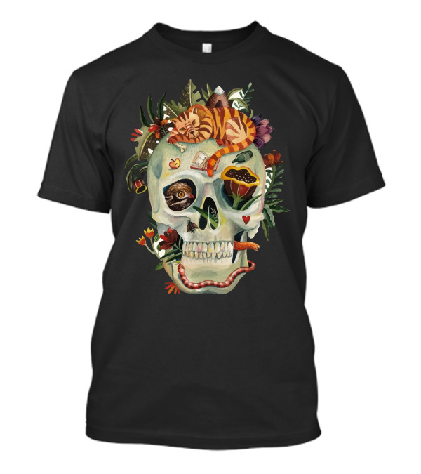Beautiful Us Skull With Sleeping Cat, Flowers, And Snake T-Shirt
