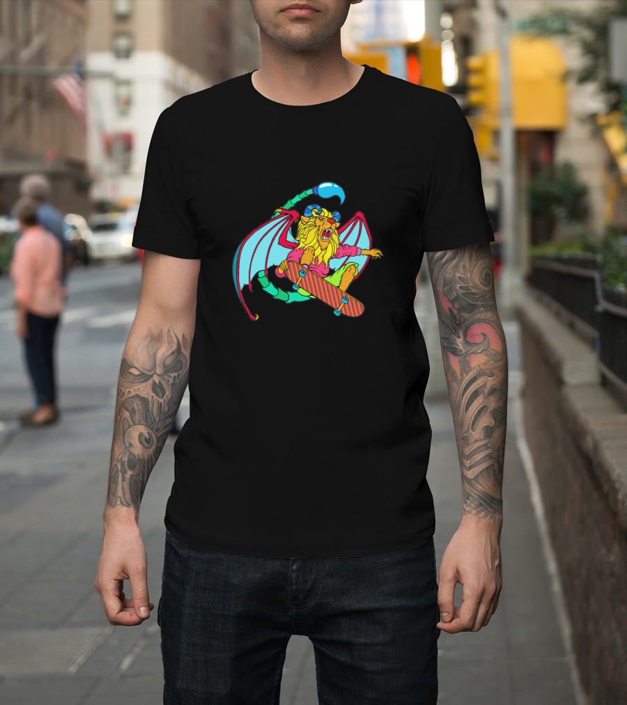 Skateboarding Manticore with Wings and Tail T-Shirt