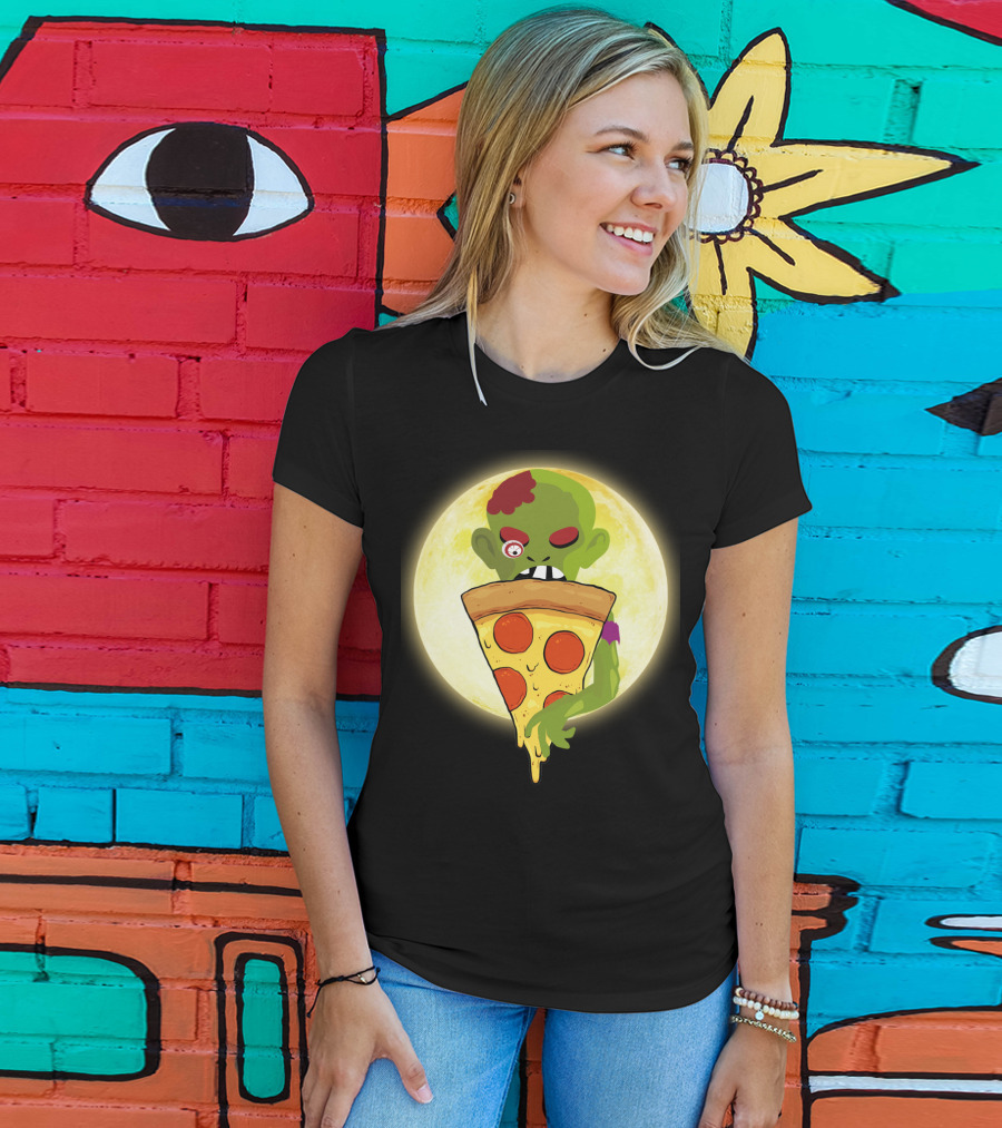 Zombie Eating Pepperoni Pizza Under Full Moon T-Shirt