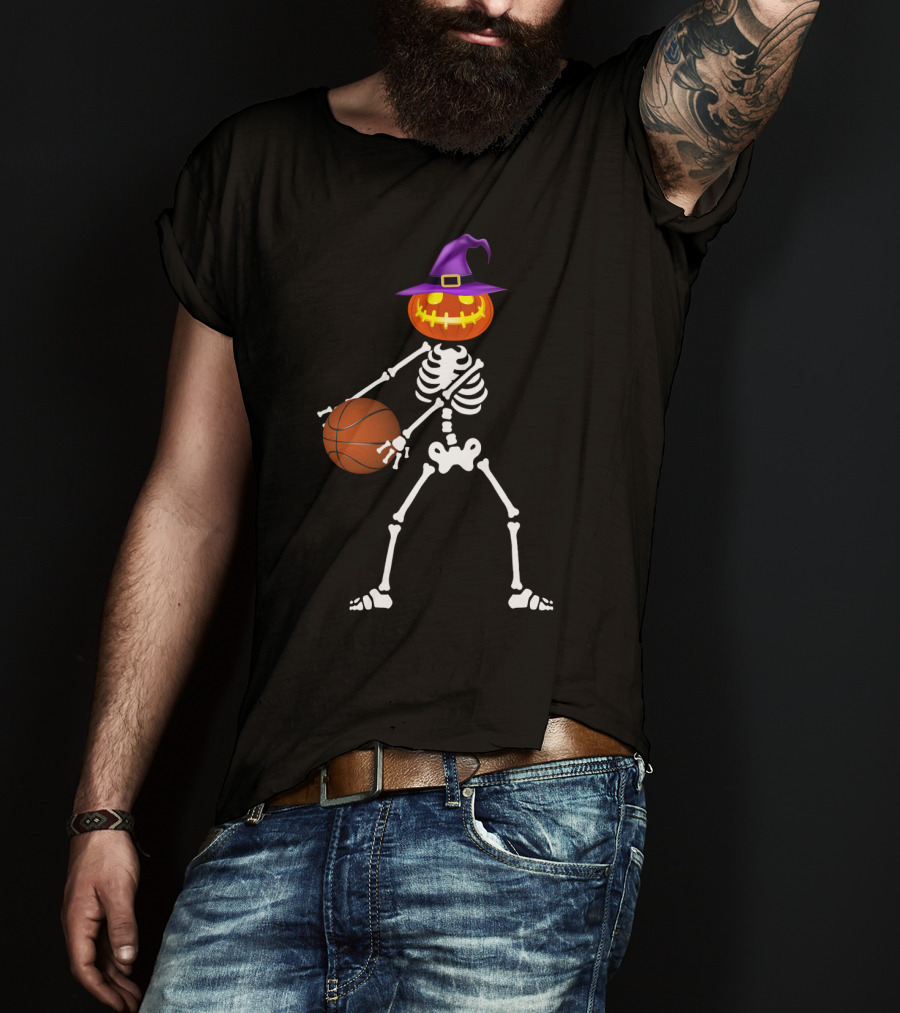 Skeleton Pumpkin Witch Basketball Flossing Dance Halloween Costume T-Shirt