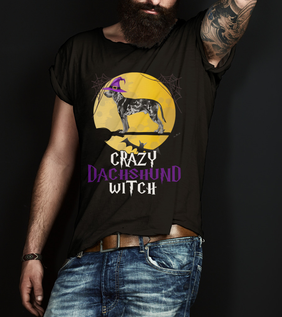 Crazy Dachshund Witch Dog With Purple Hat And Broom Halloween T-Shirt