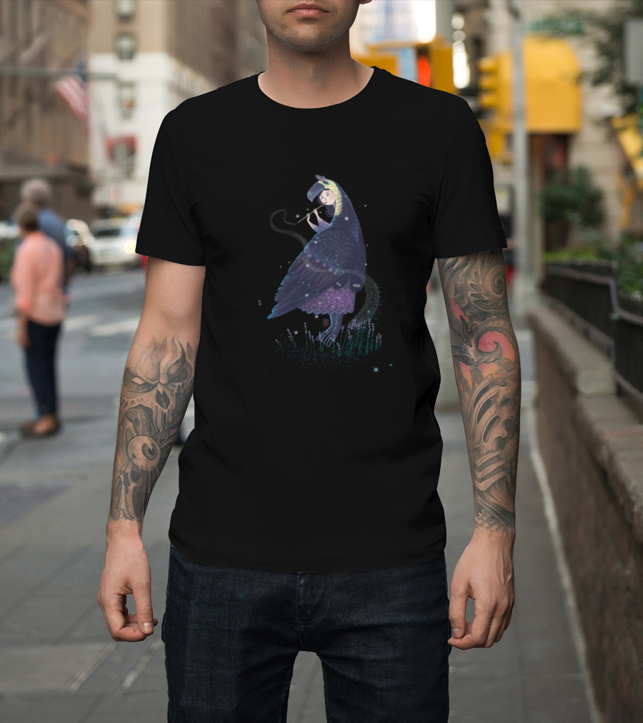 Witch Lavender Bird Toucan Plays Musical Instrument in Enchanted Night Sky T-Shirt