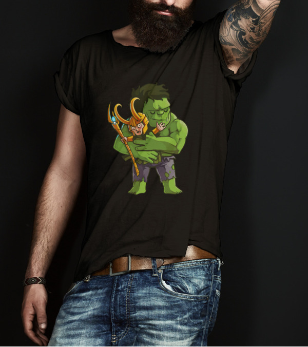 Loki Needs Love Hulk Hugging Loki Scepter T-Shirt