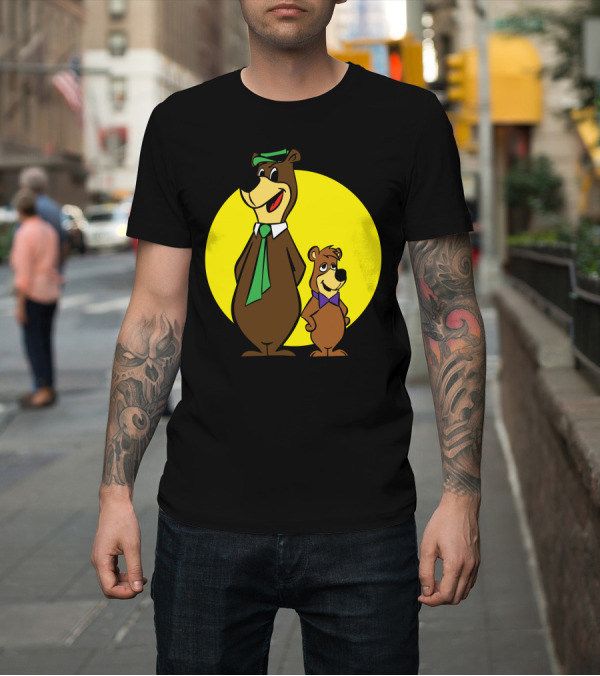 Shirt: Yogi Bear and Boo Boo Cartoon Characters in Front of Yellow Circle T-Shirt Yogi Bear and Boo Boo Cartoon Characters in Front of Yellow Circle T-Shirt