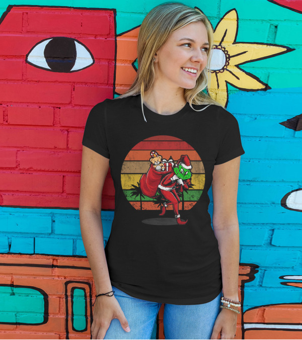 Grinch Stole Christmas Santa Sack With Teddy And Gifts Retro Sunset T-Shirt