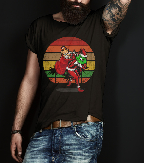 Grinch Stole Christmas Santa Sack With Teddy And Gifts Retro Sunset T-Shirt