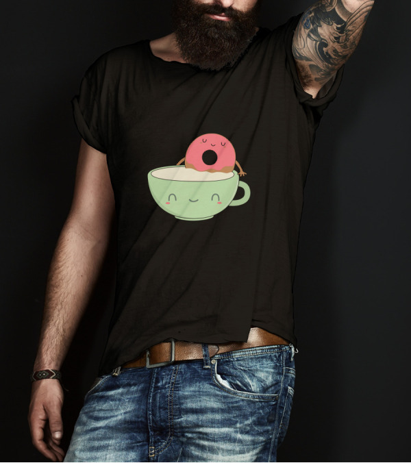 Cute Coffee Donut Smiling Cup And Happy Pink Pastry T-Shirt
