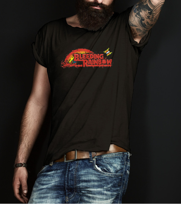 Bleeding Rainbow Retro Parody Logo With Butterflies And Dripping Colors T-Shirt