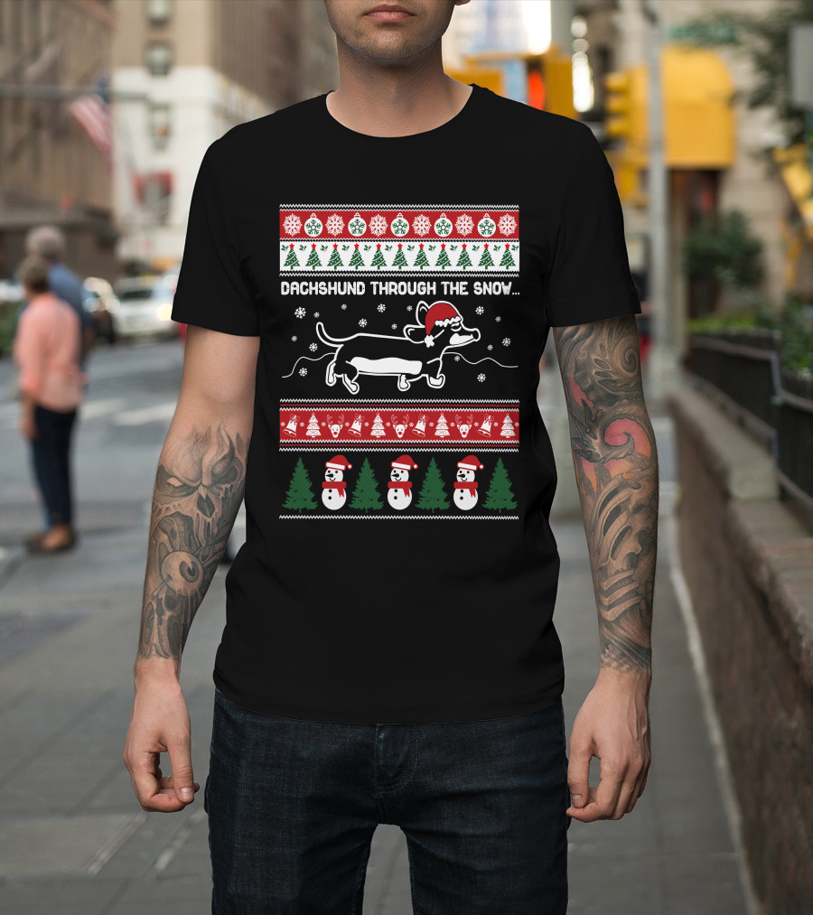 Dachshund Through The Snow Ugly Christmas Sweater Pattern Snowflakes Trees T-Shirt