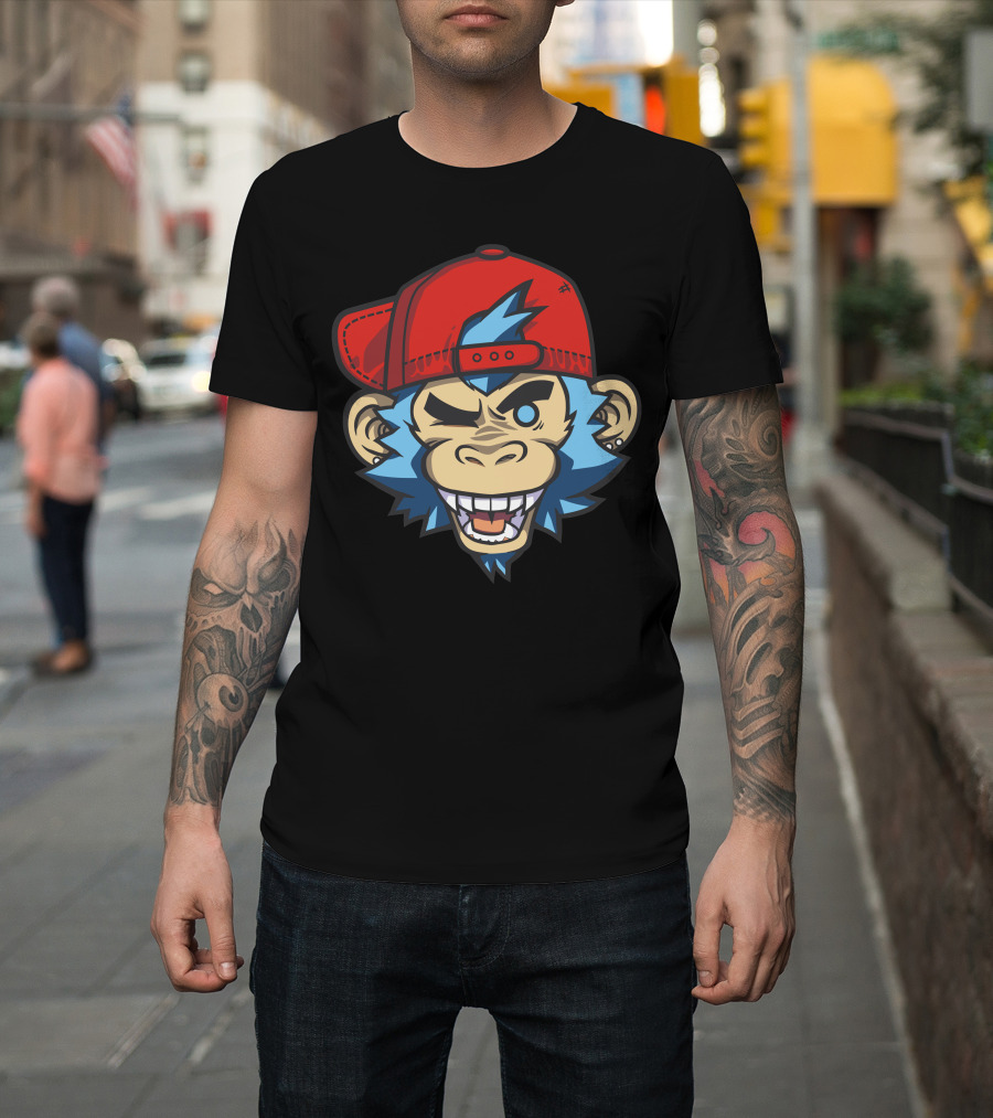 Mankeeboi Wink Red Hat Blue Hair Monkey Face T-Shirt