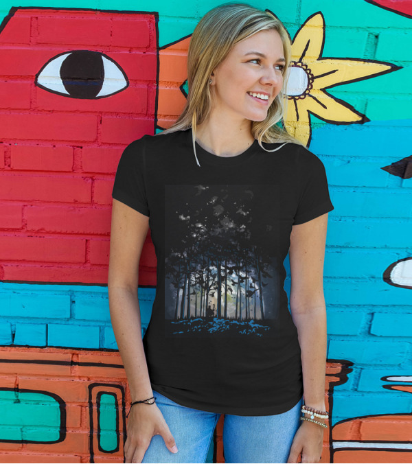 Rising Moonlit Forest Silhouette With Night Sky And Trees T-Shirt