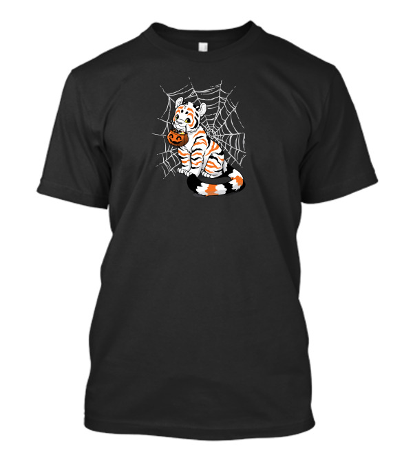 Halloween Candy Tiger With Pumpkin In Spider Web T-Shirt