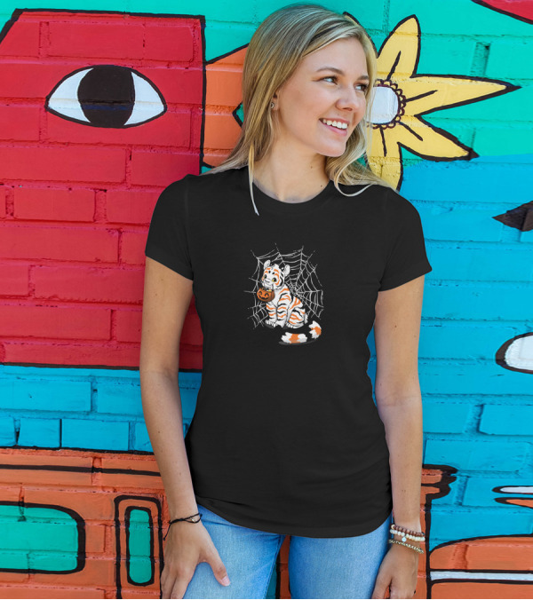 Halloween Candy Tiger With Pumpkin In Spider Web T-Shirt