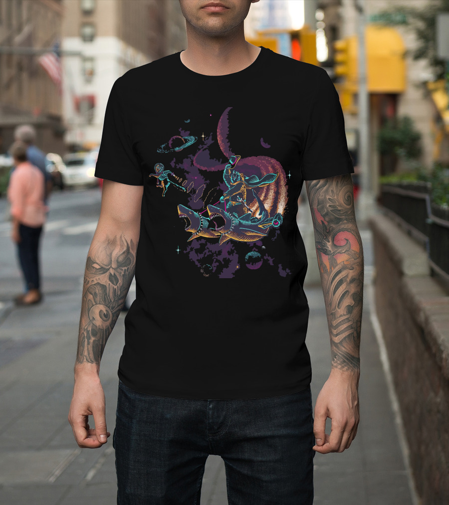 Space Cowboy Surfing Sharks in Cosmic Adventure T-Shirt